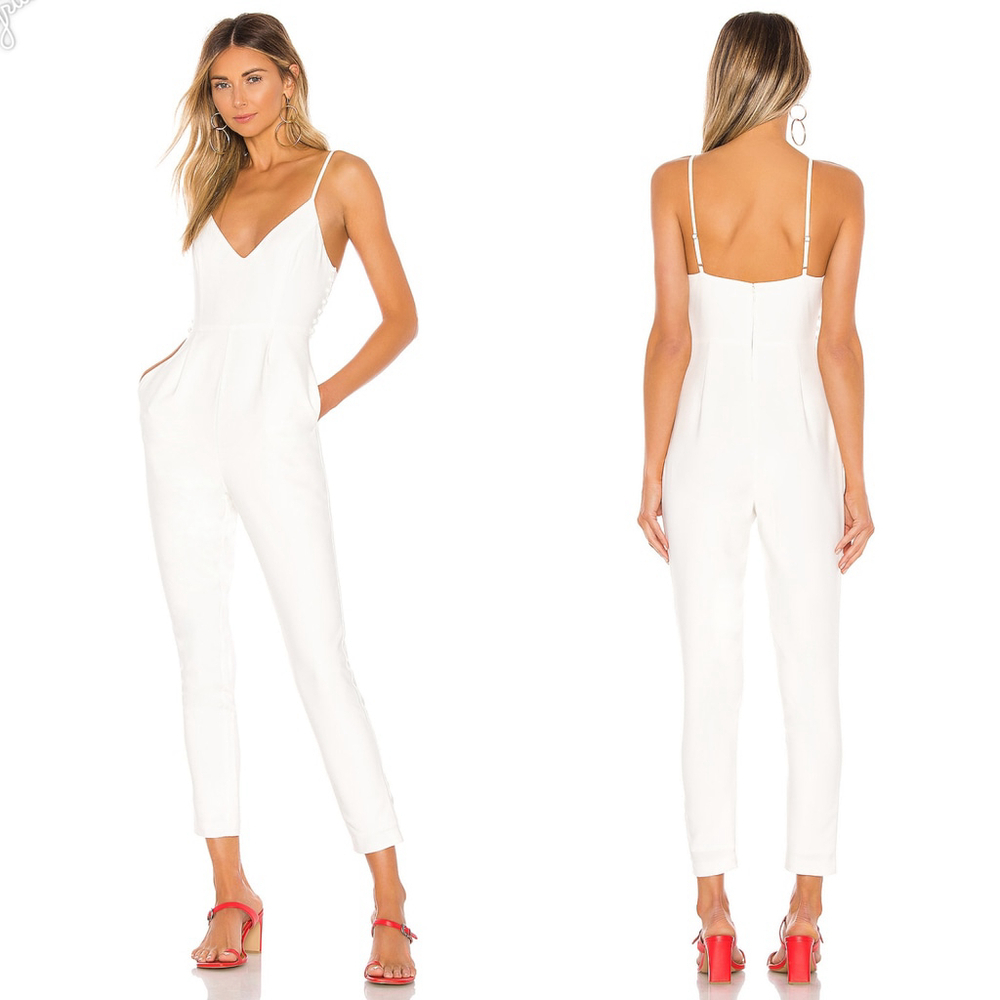 Women's Lovers + Friends Norrie White V-Neck Jumpsuit Size Medium Excellent Cond